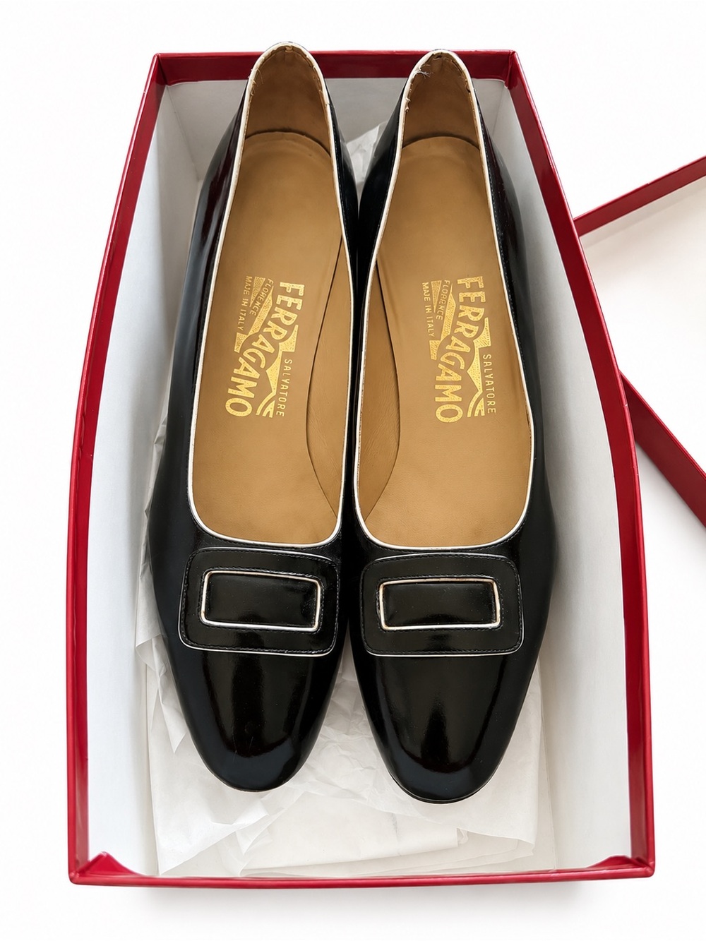 Salvatore Ferragamo Black Patent Leather Flats with Rectangular Accent